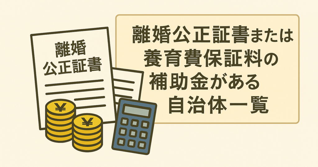 離婚公正証書や養育費保証料の補助金に関する記事を象徴する、公正証書の書類、お金、電卓のイラスト​