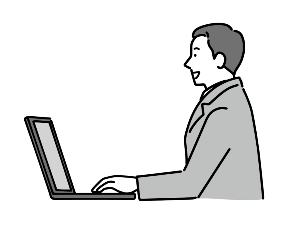 パソコンで原案を作成・加筆修正している男性行政書士を示すイラスト